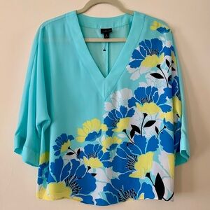 Worthington Ladies Kimono Top, Light Blue with Floral Design S
